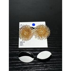 Vintage Claries Gold Earrings & Vintage B/W Oval Earrings